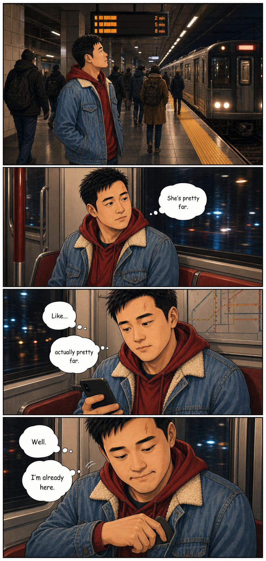 Tony rides the TTC at night, realizing the date is pretty far away but deciding he is already committed to the trip.