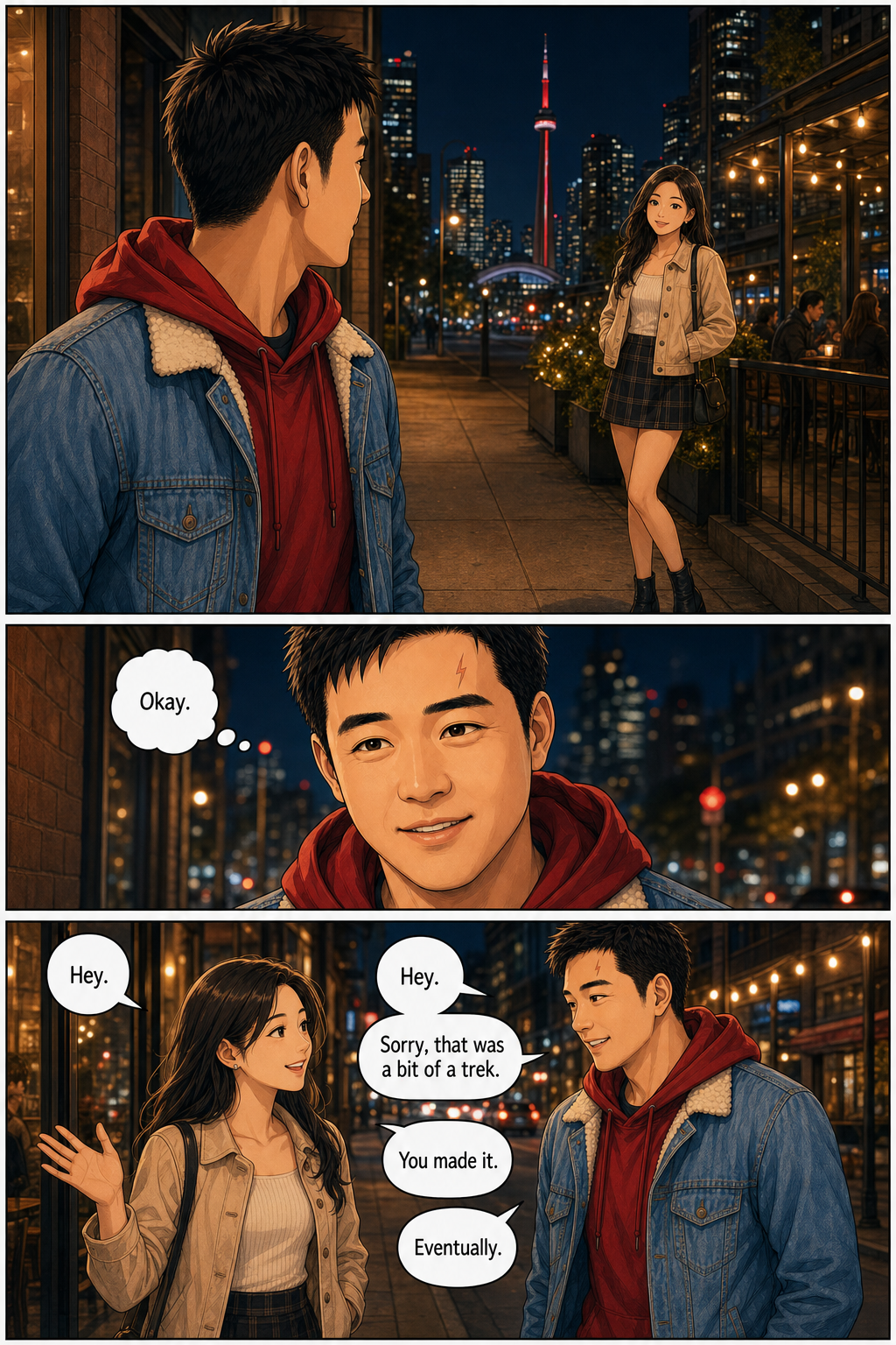 Tony arrives at the meeting spot and sees his date waiting outside under Toronto night lights.