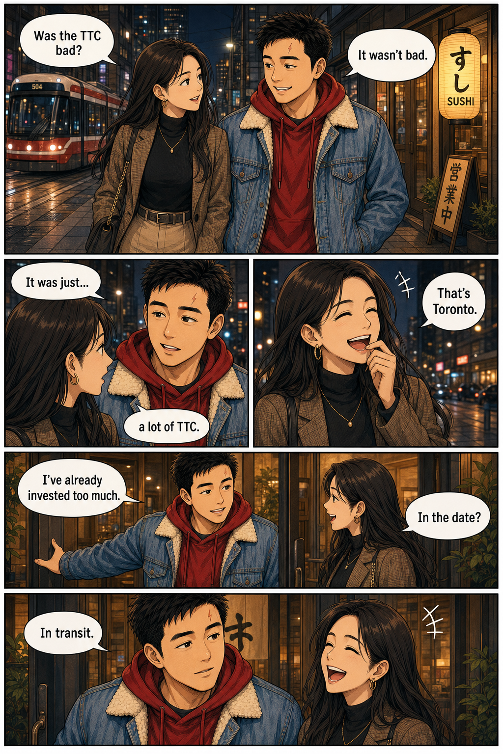 Tony and his date walk toward sushi, joking about how much TTC the trip required.