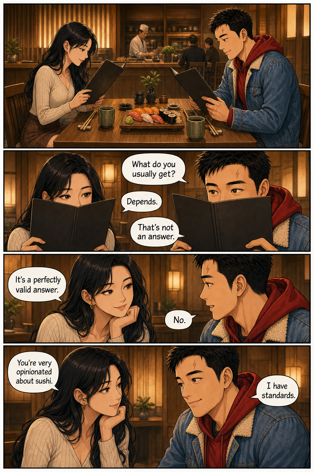 Tony and his date sit in a cozy sushi restaurant and banter over menus.