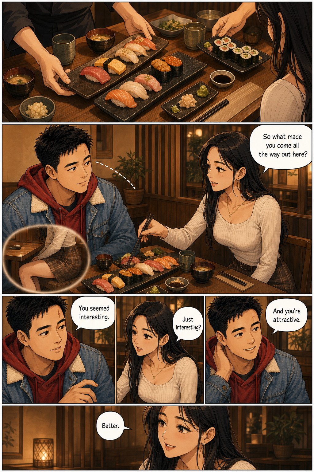 Sushi arrives, and Tony honestly tells his date that she seemed interesting and attractive.