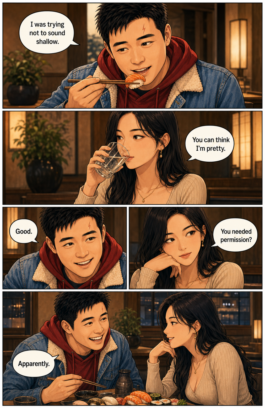Tony and his date flirt gently over sushi about whether he needed permission to think she is pretty.
