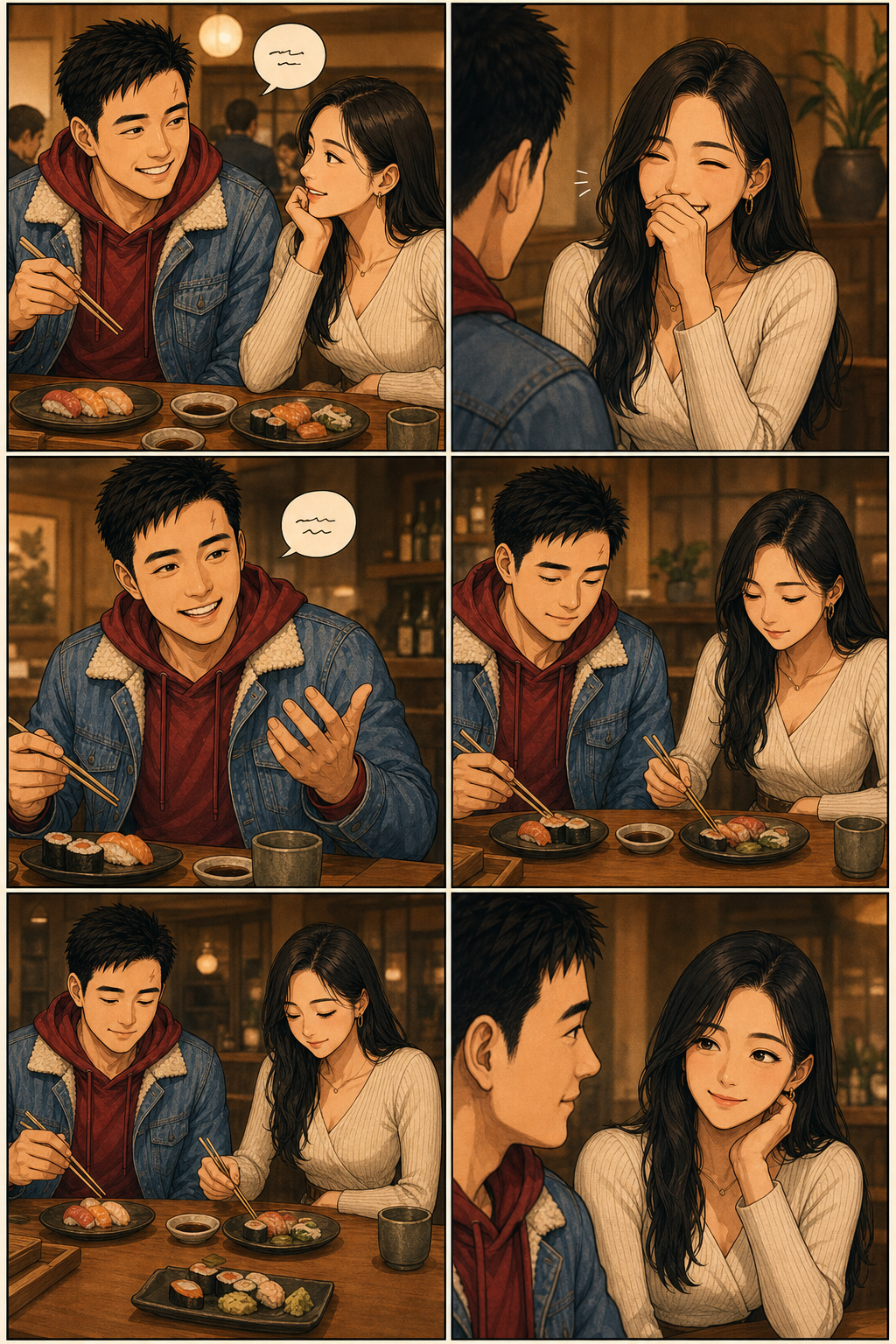 A quiet sushi dinner montage shows conversation, laughter, comfortable silence, and small smiles.