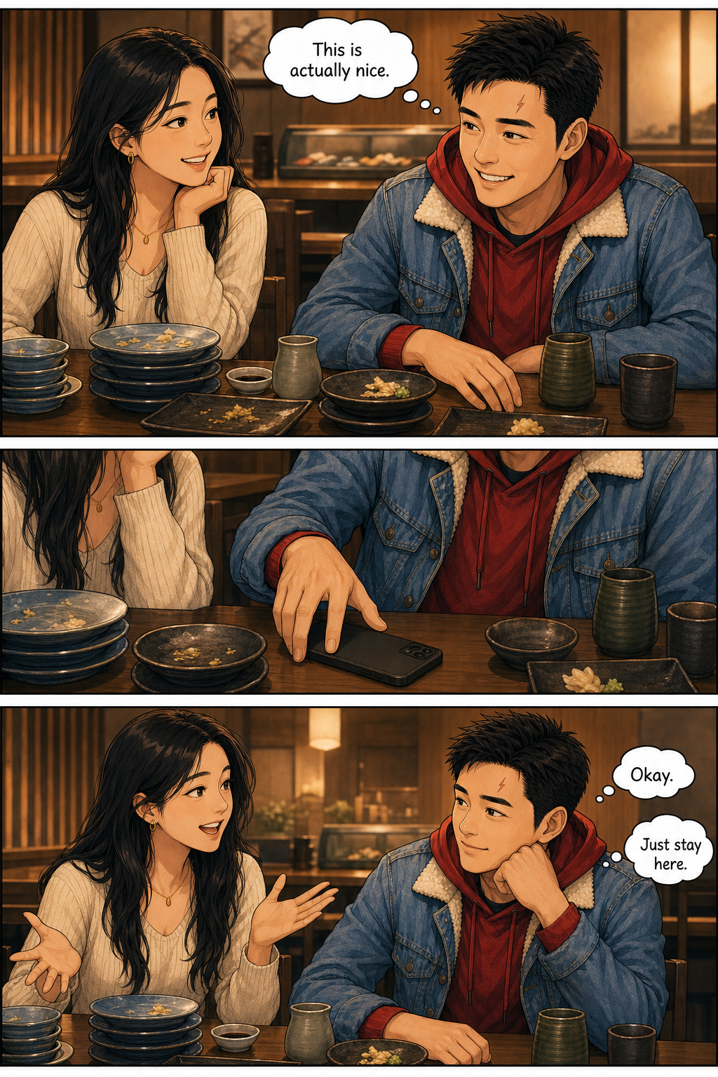 Tony notices the date is actually nice and leaves his phone face-down while listening to her story.