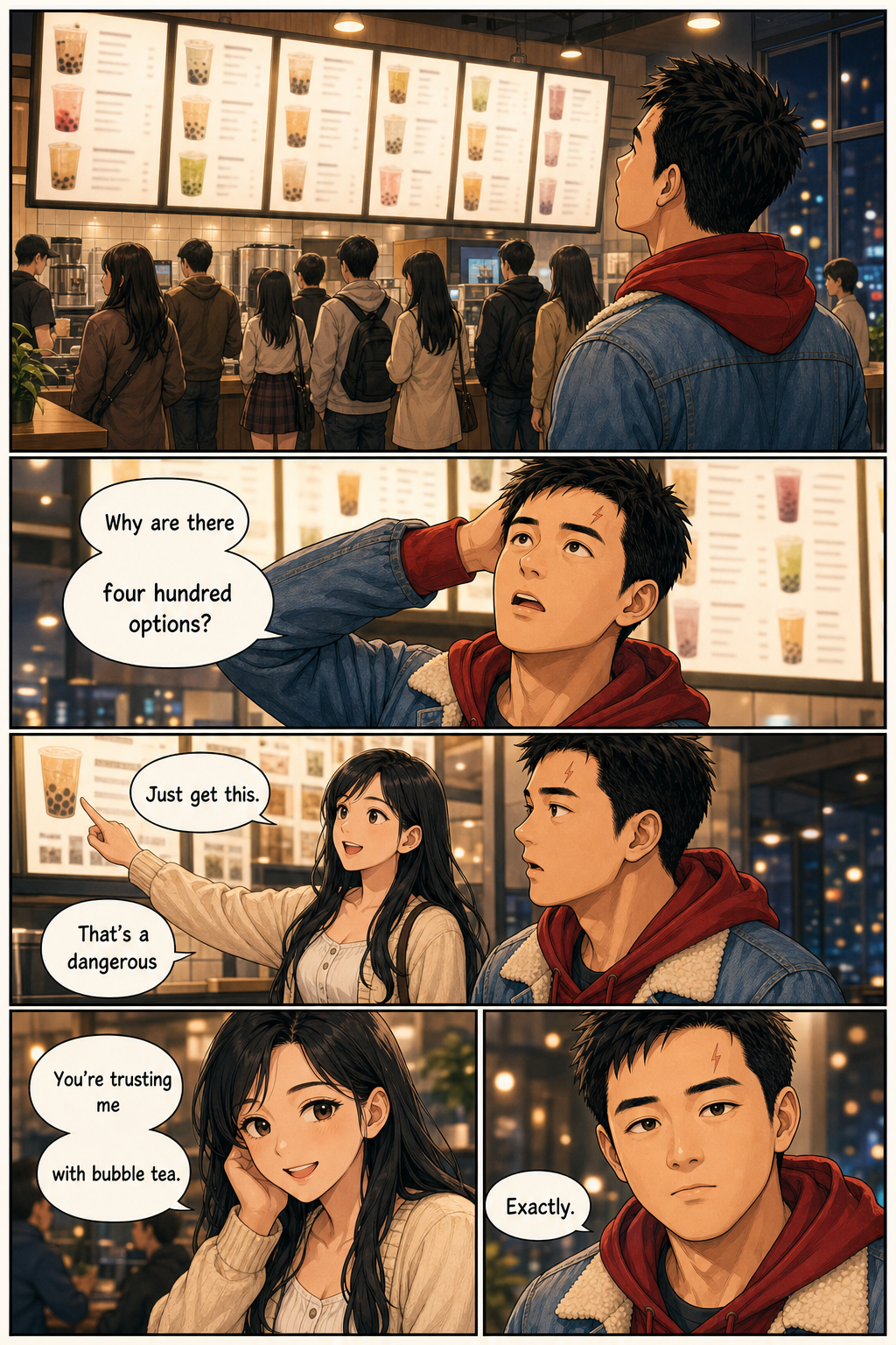 At a bubble tea shop, Tony jokes about trusting his date with a drink recommendation.
