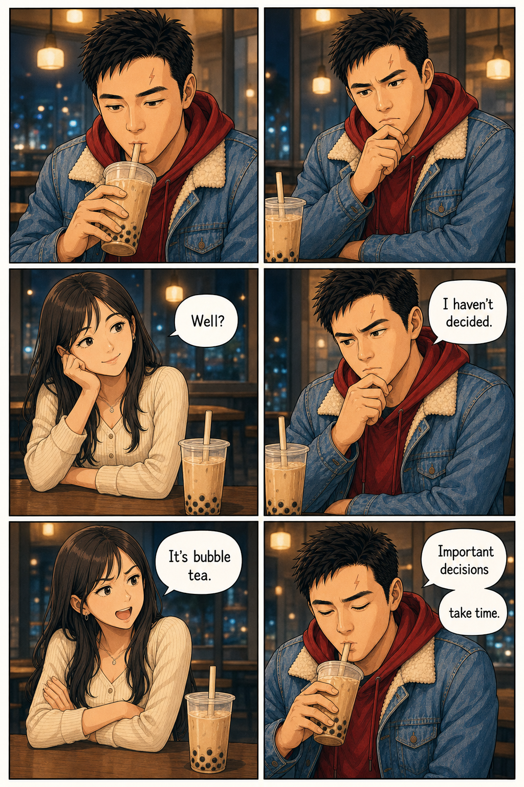 Tony evaluates the recommended bubble tea with exaggerated seriousness while his date teases him.