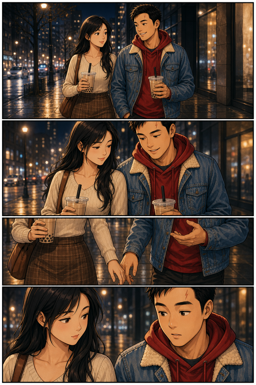 Tony and his date walk outside with bubble tea as their shoulders draw closer and their hands briefly brush.
