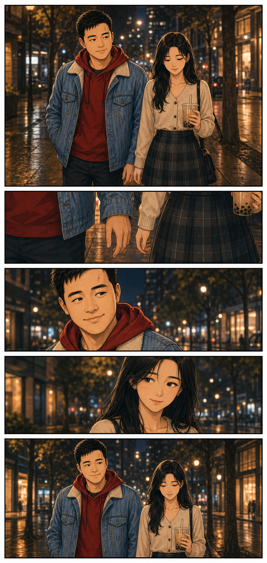 Tony and his date quietly walk side by side, both aware that their hands are close.