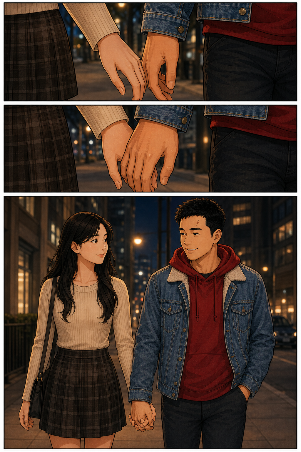 Tony and his date naturally interlock fingers while walking together through Toronto at night.