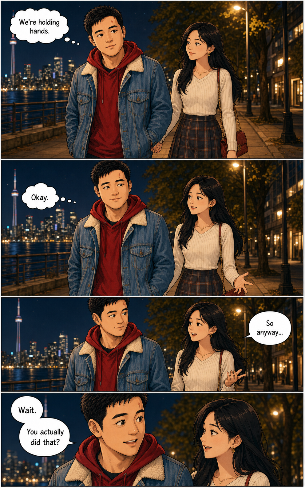 Tony becomes briefly hyperaware that they are holding hands before the conversation turns normal again.