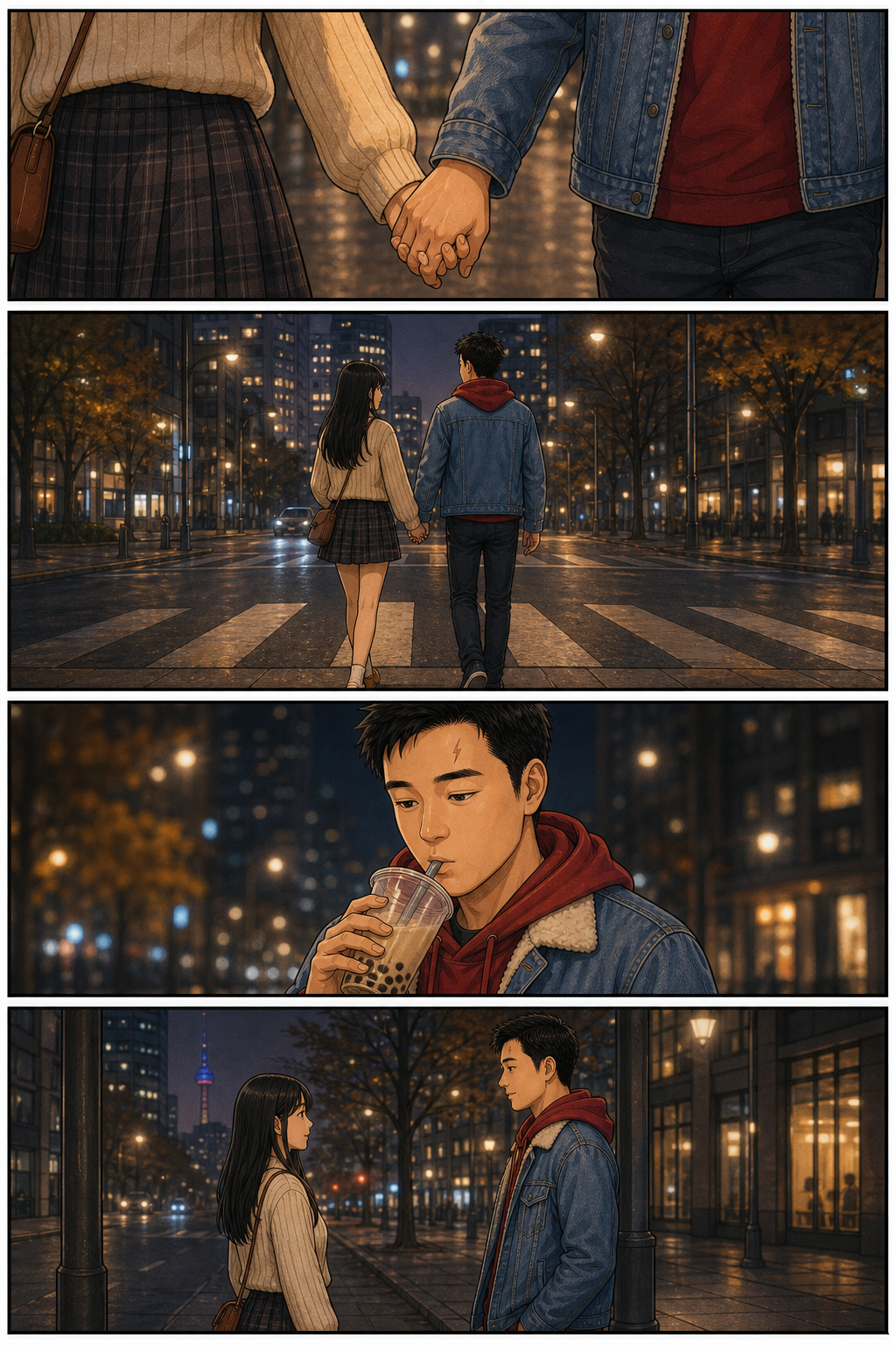 Their hand-holding becomes ordinary as they cross a street and reach the place where they will separate.