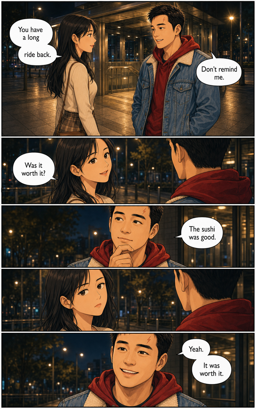 Tony and his date say goodbye without a grand declaration, and Tony admits the trip was worth it.