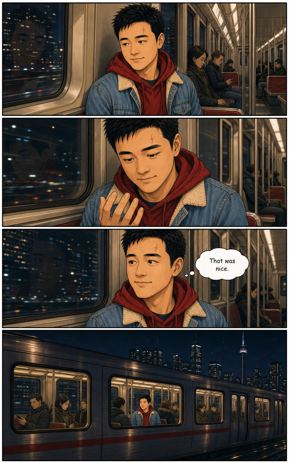 Tony rides the TTC home at night, tired but carrying a new memory from a good date.