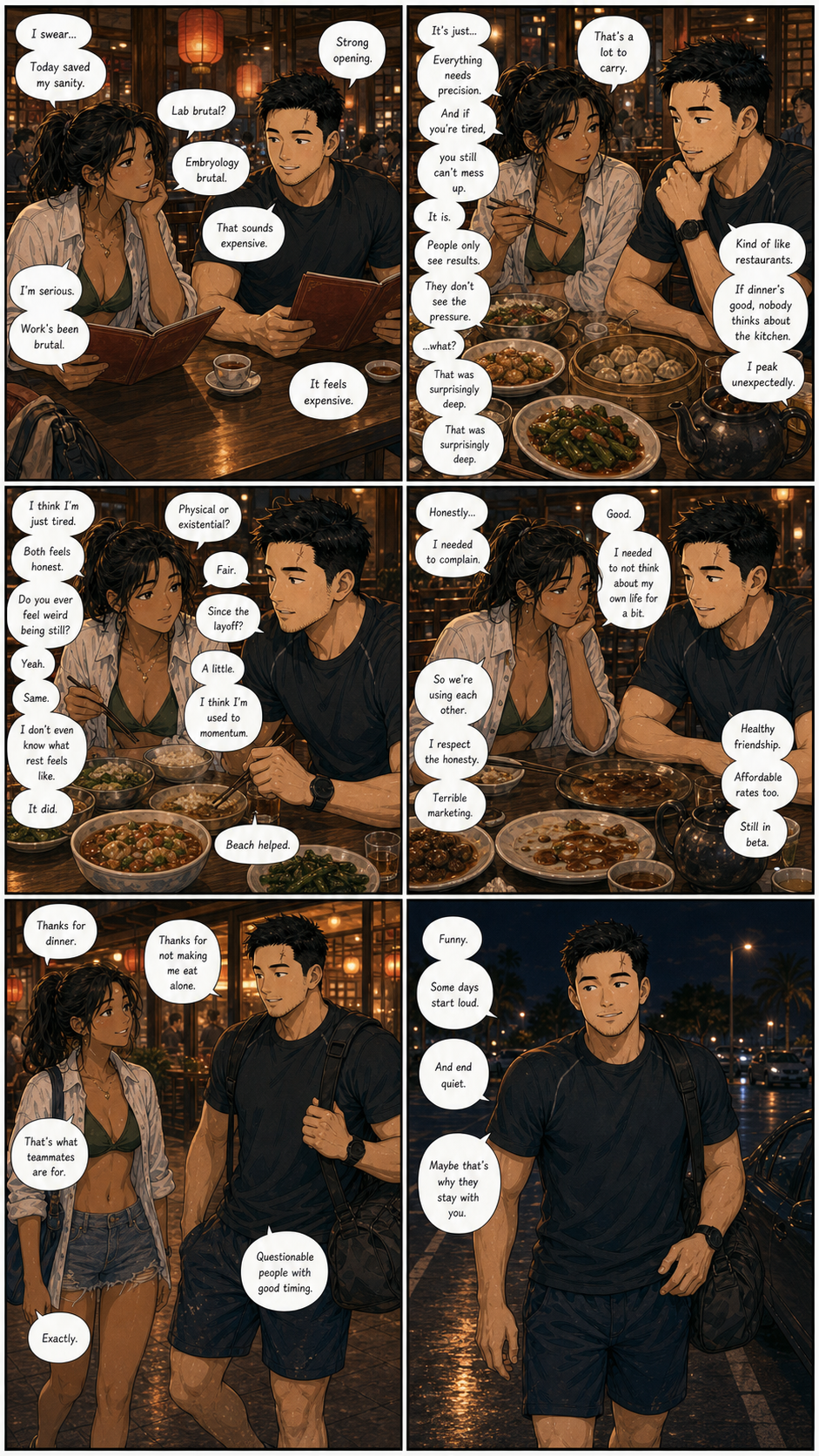 After Hours: A layered late-dinner version of Tony and a teammate decompressing after the beach day.