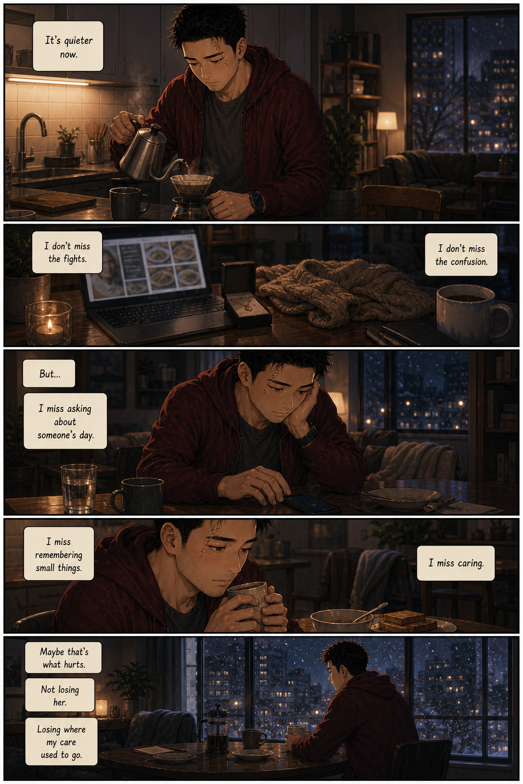 Aftercare: A quieter, layered version of Tony grieving the routines of care that disappeared.