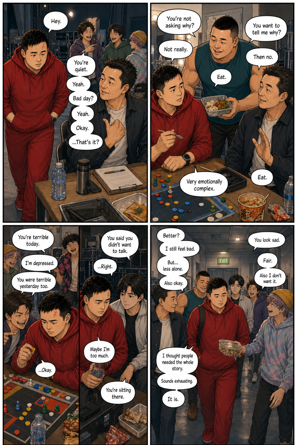 Bad Day, Good People: A layered version of Tony staying quiet, getting fed, getting teased, and ending the day still bad but less alone.