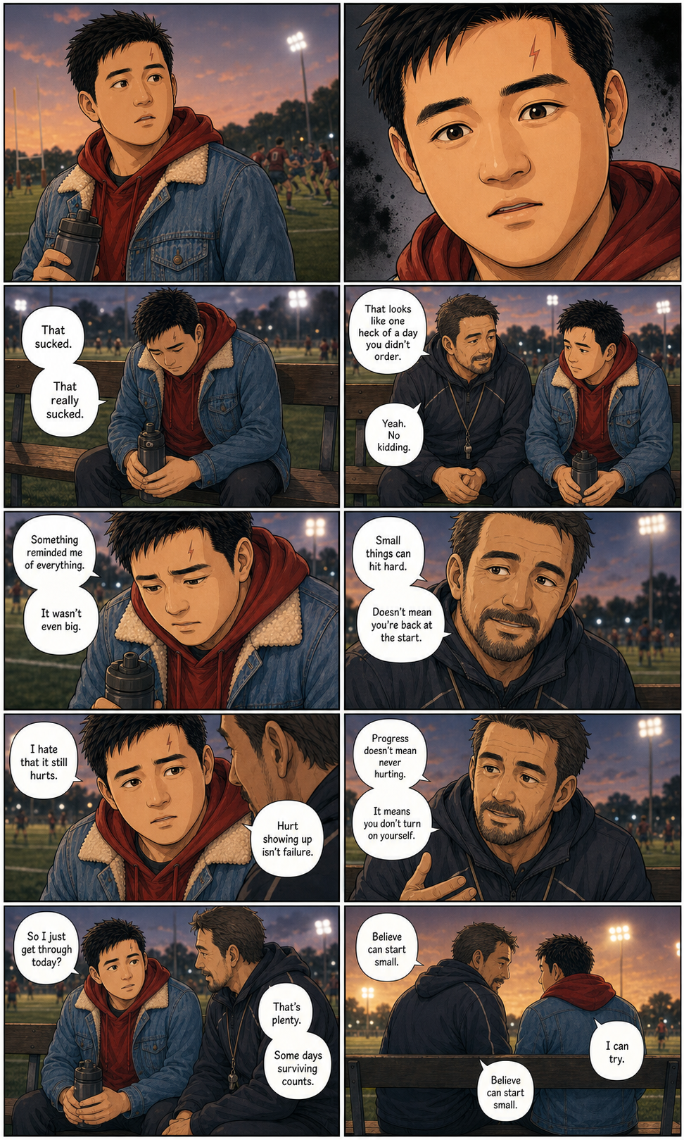 Believe: A layered version of Tony receiving gentle first aid for a day that reopened old pain.