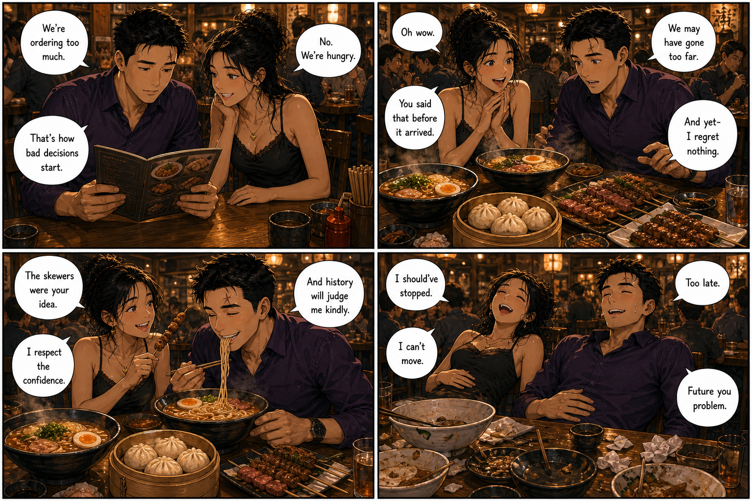 Carb Loading: Swimming somehow escalates into ramen, baos, and questionable food decisions.