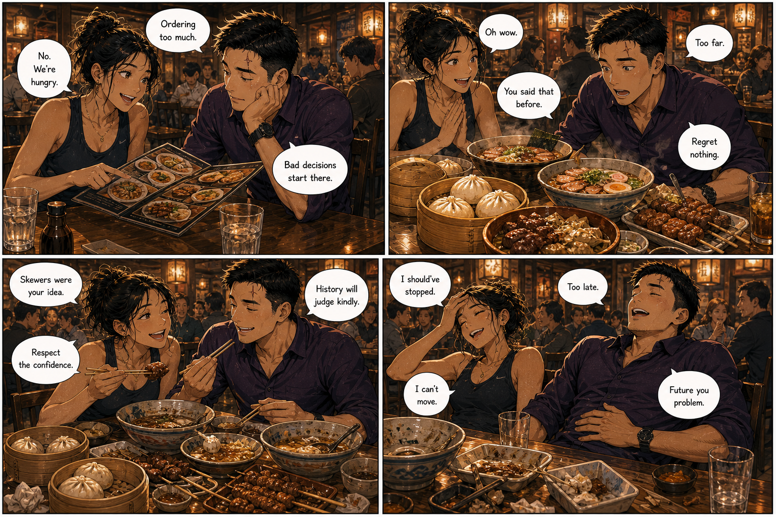 Carb Loading: A layered version of Tony and his rugby friend making excellent bad food decisions.