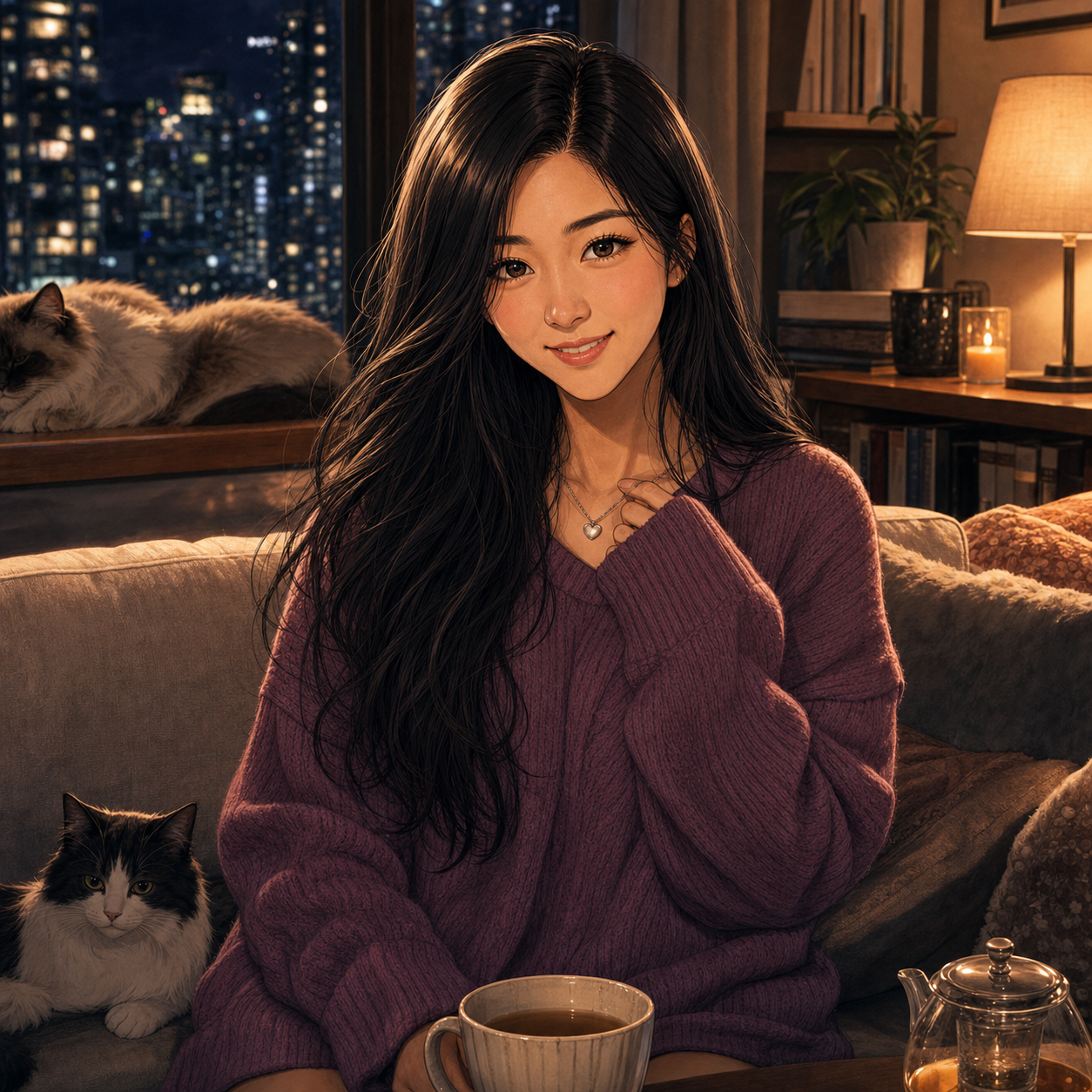 Shemay Lee, also known as Claudia Lee, at home in an oversized sweater with her cats nearby