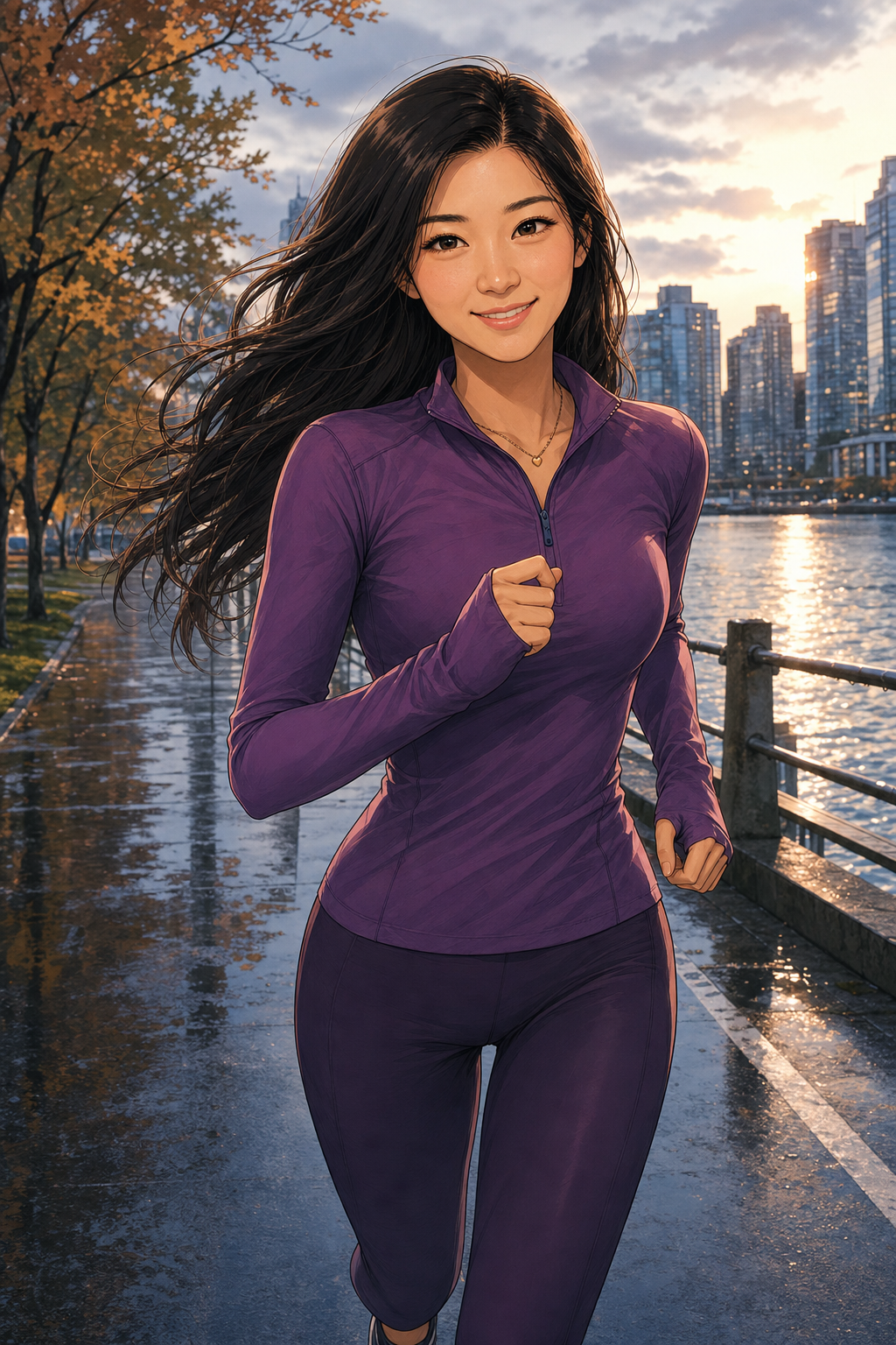 Shemay Lee, also known as Claudia Lee, running in fitted purple athletic wear