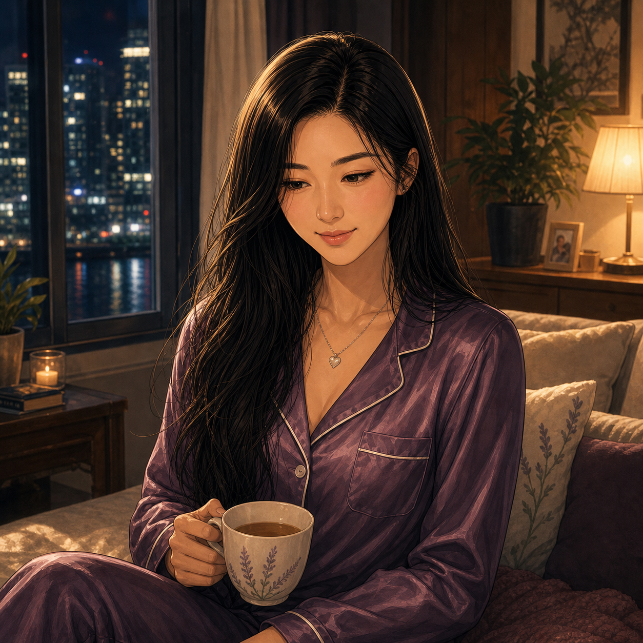 Shemay Lee, also known as Claudia Lee, in purple silk pajamas at home
