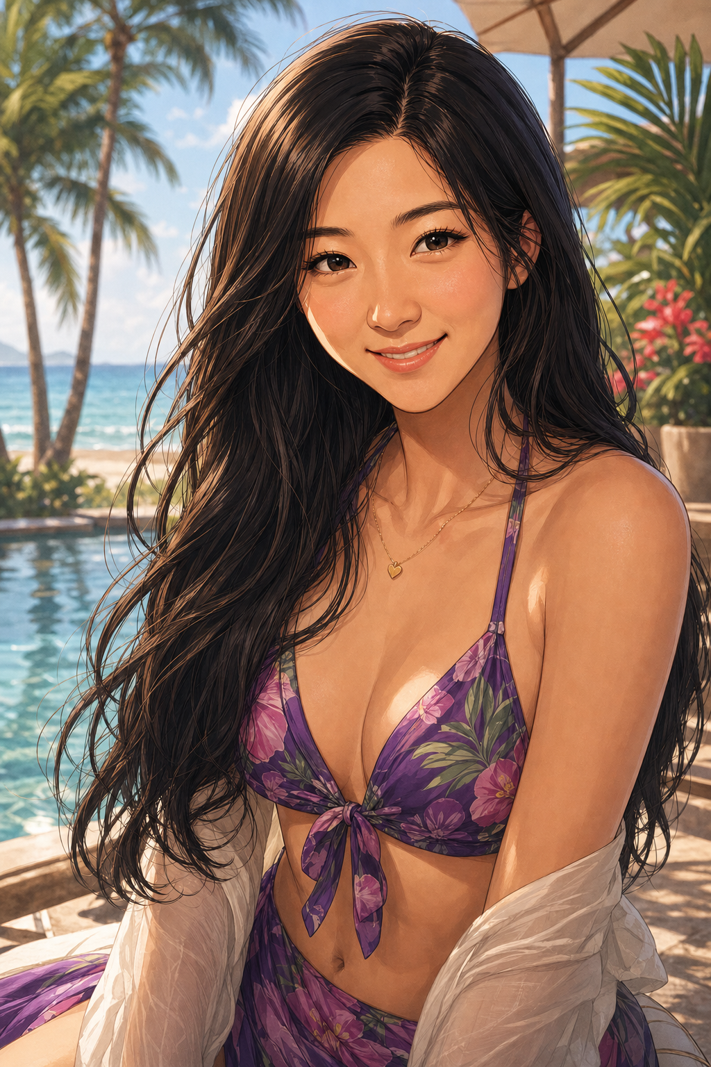 Shemay Lee, also known as Claudia Lee, in tasteful tropical resort swimwear