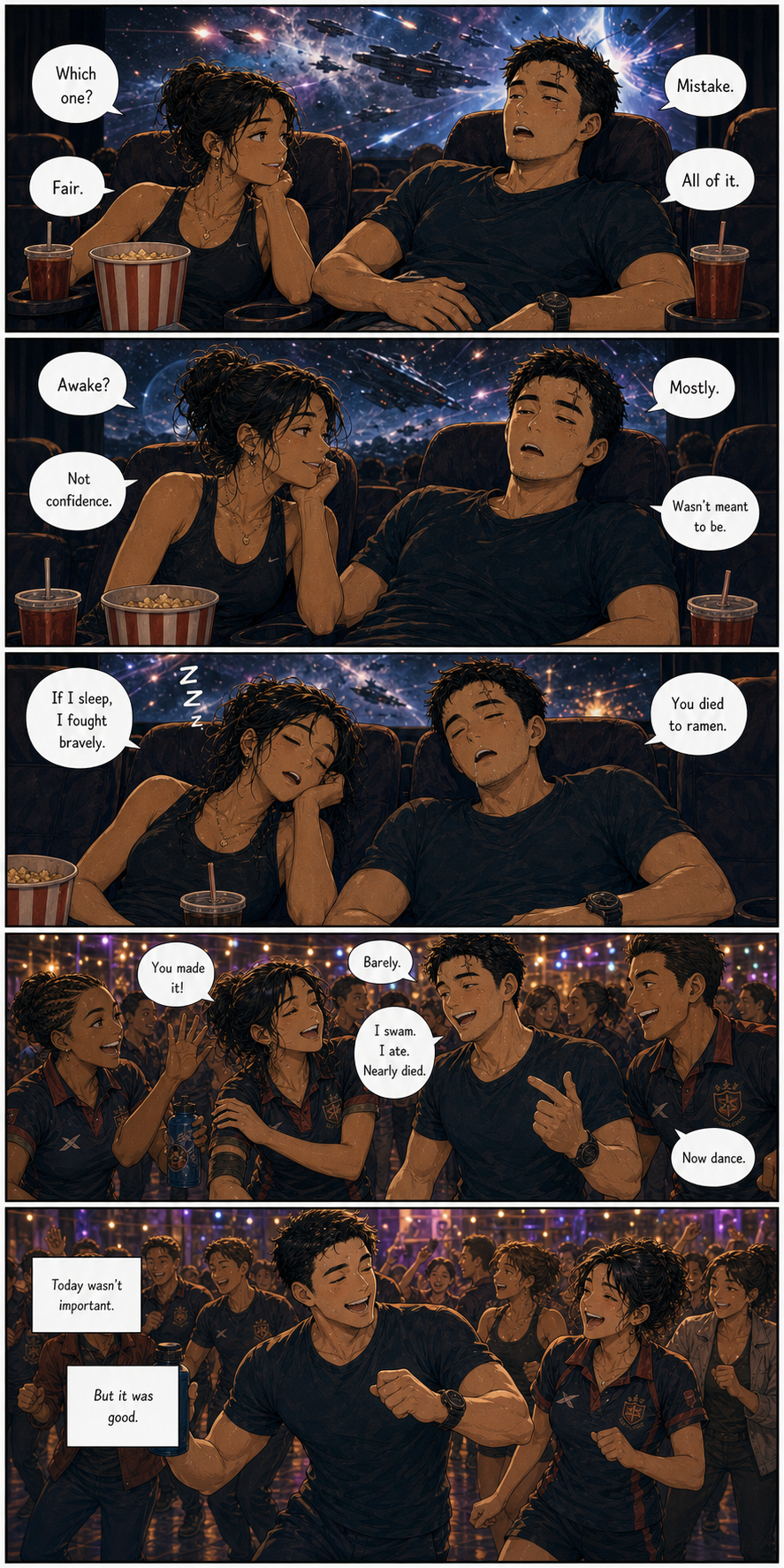 Food Coma: A layered version of theater food coma giving way to rugby line-dancing chaos.