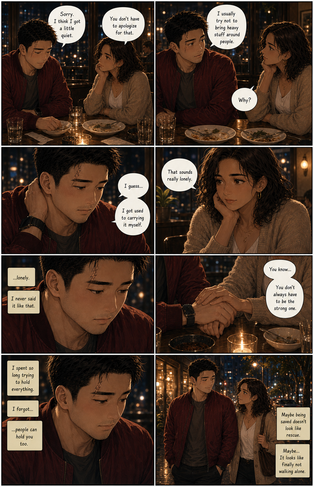 Found: A warmer, layered version of Tony's quiet realization that people can hold him too.