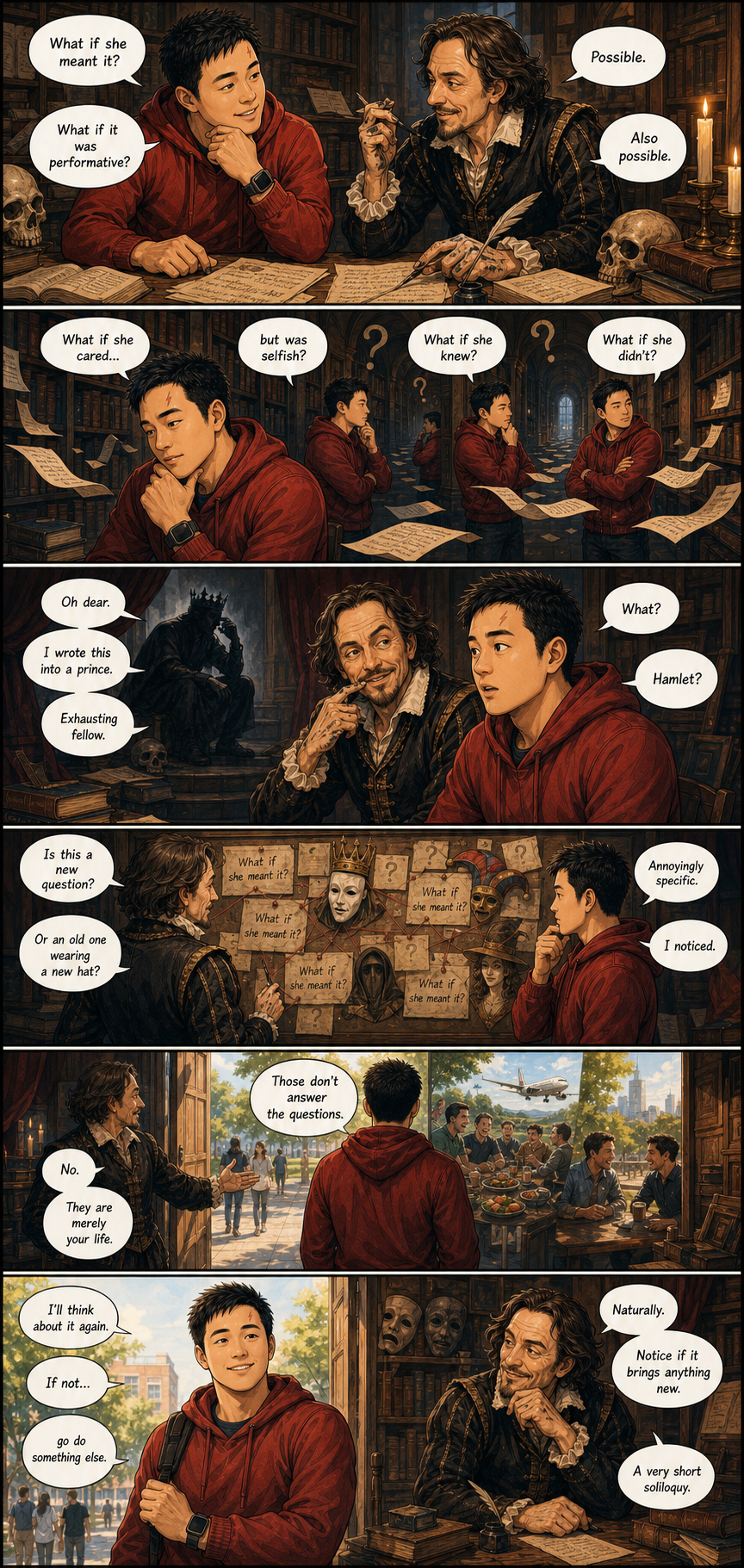 Hamlet Would Like A Word: A layered version of Tony leaving the waiting room of analysis and returning to ordinary life.