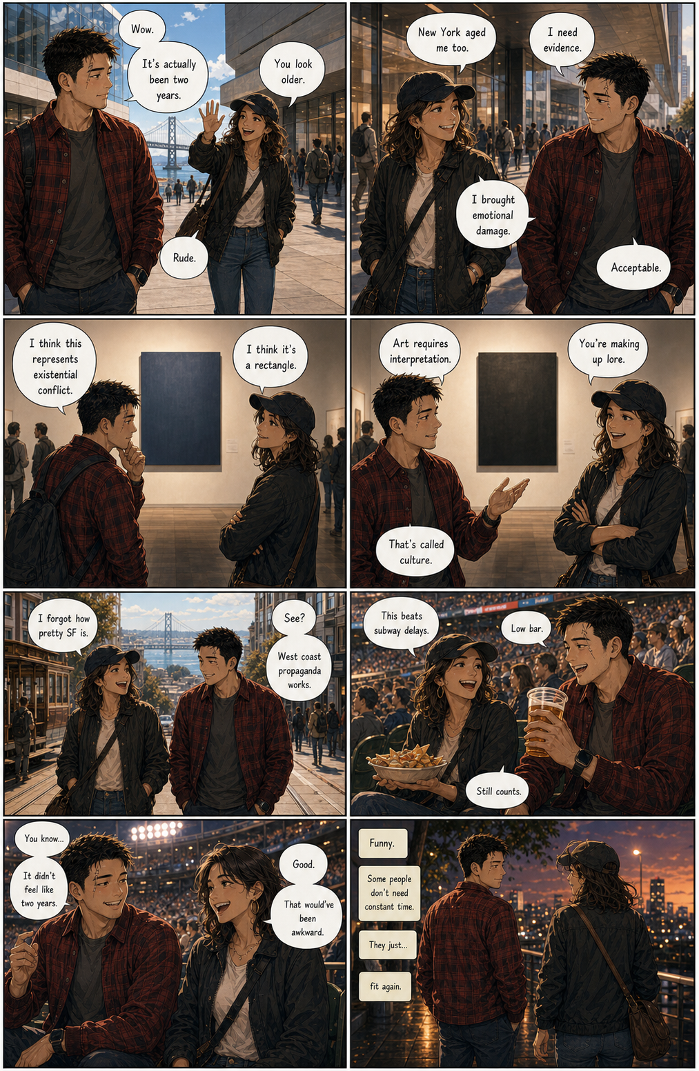 Home Game: A warmer, layered version of Tony's San Francisco reunion day, from modern art to stadium lights.