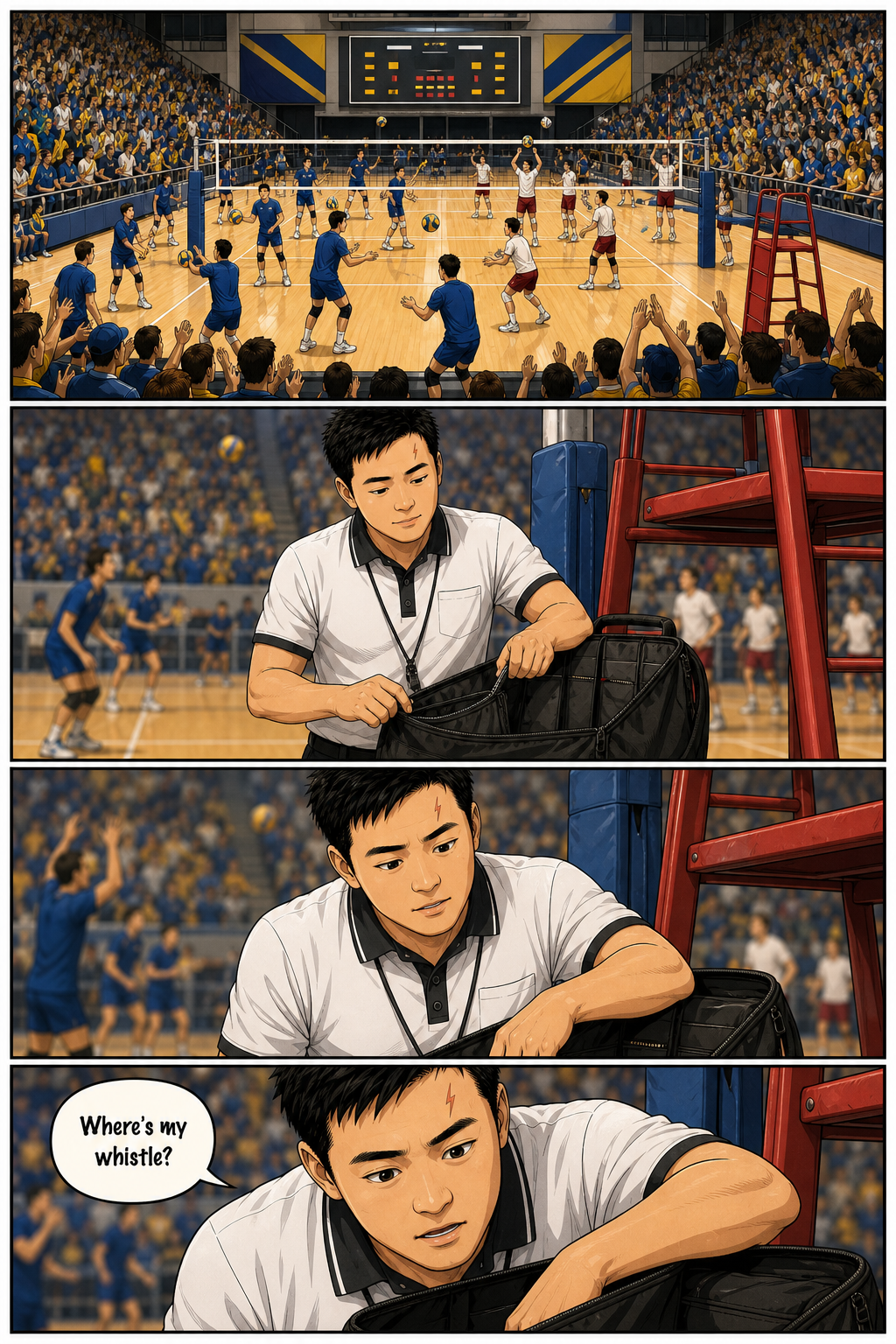 Tony referees a packed university volleyball match and realizes he cannot find his whistle.