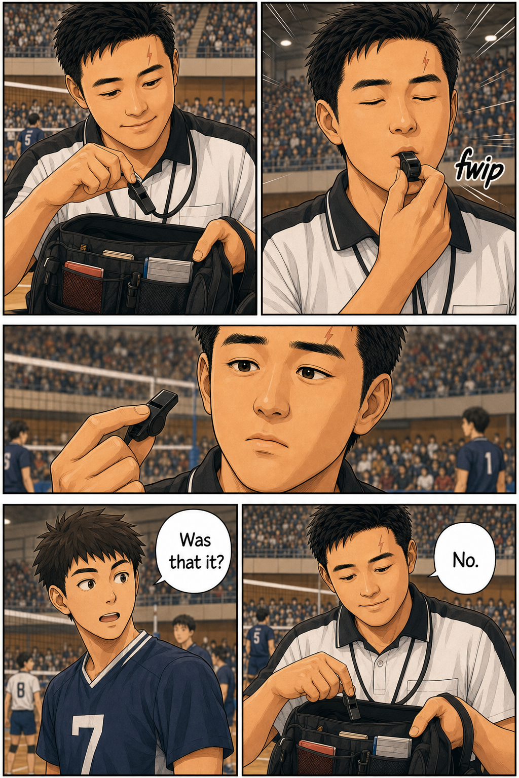 Tony tests a weak whistle while a volleyball player asks whether that was it.