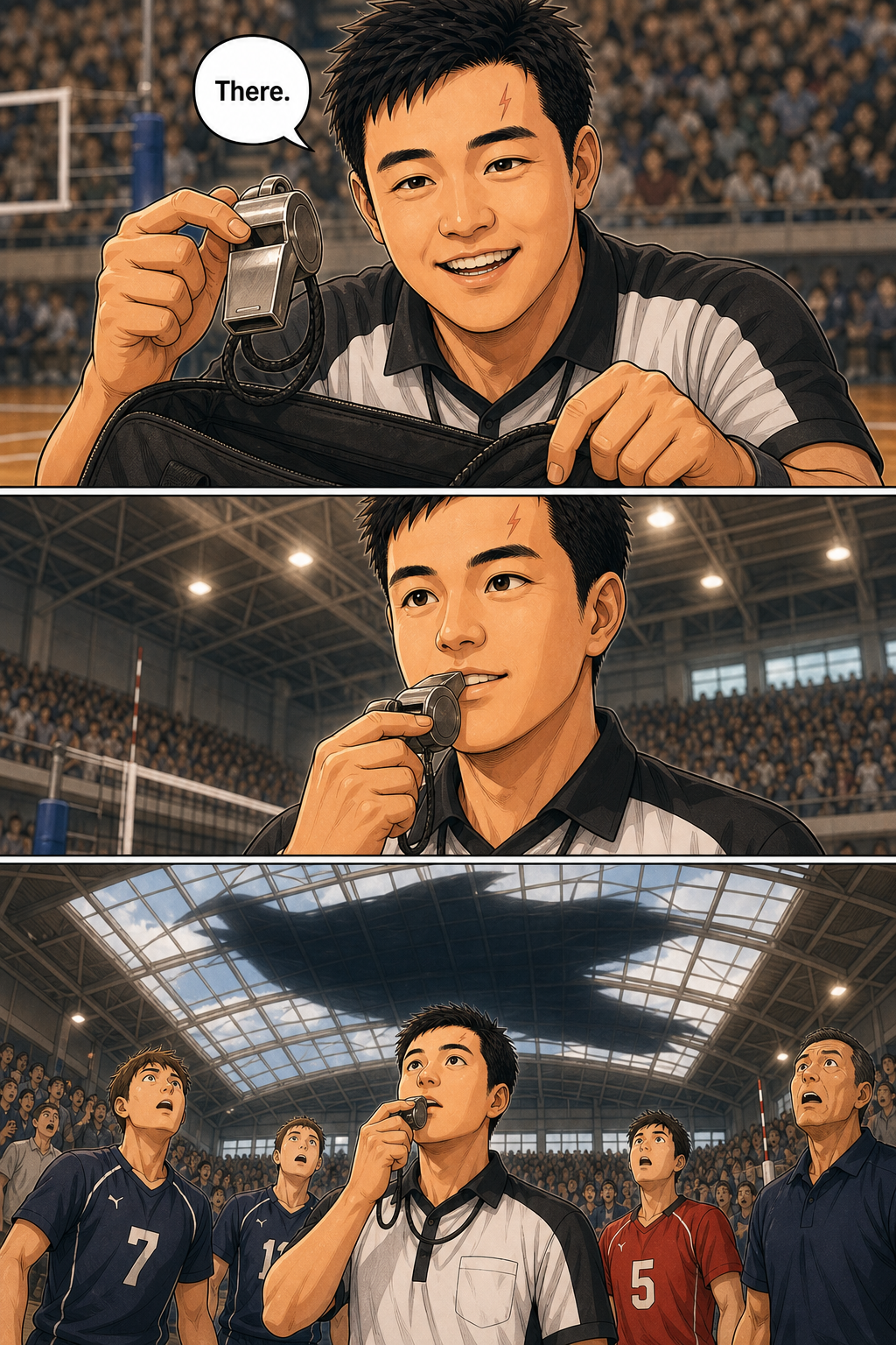 Tony finds a large whistle just as an enormous shadow passes over the volleyball gym skylights.