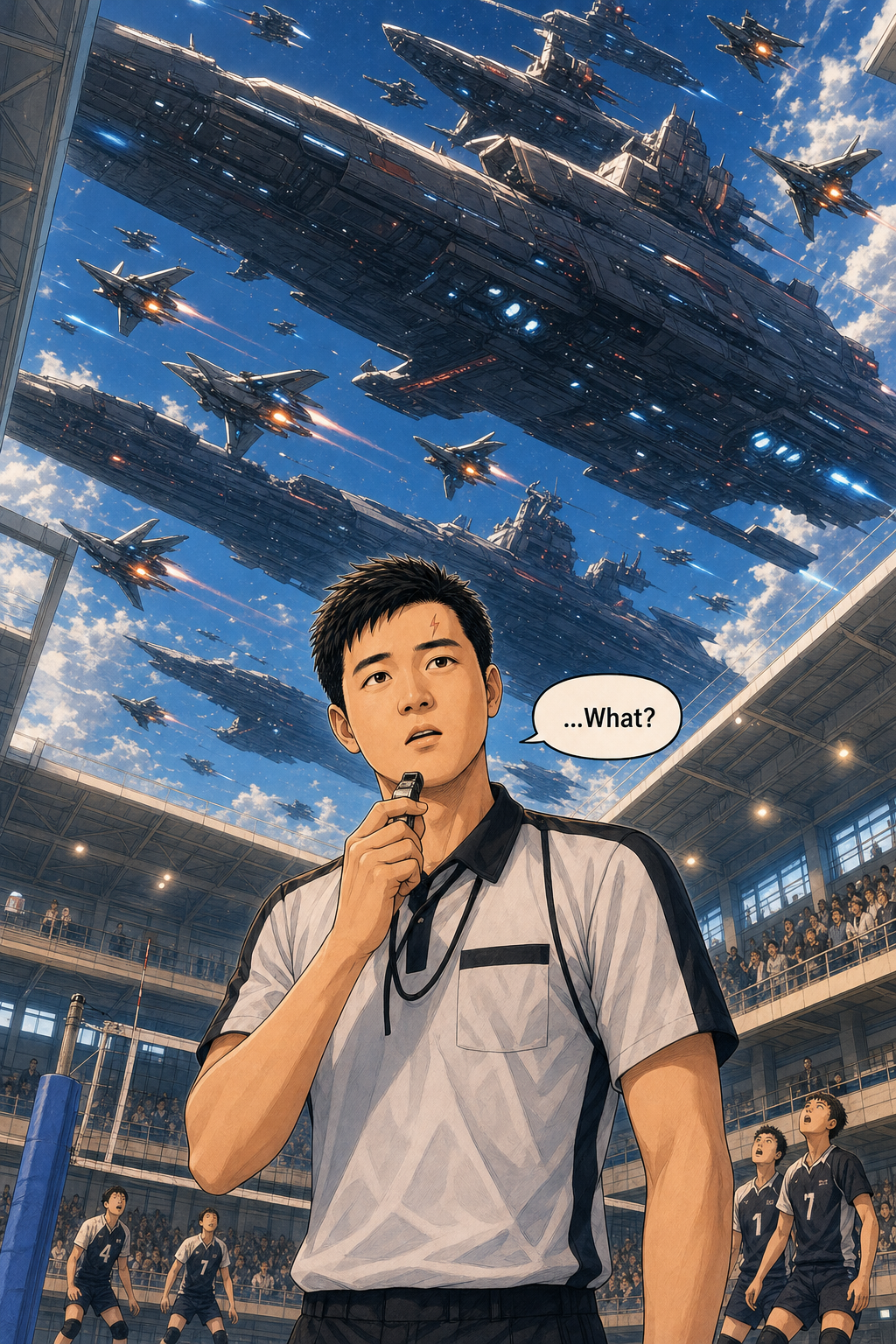 A massive formation of original futuristic spacecraft streaks above the volleyball gym while Tony holds his whistle.