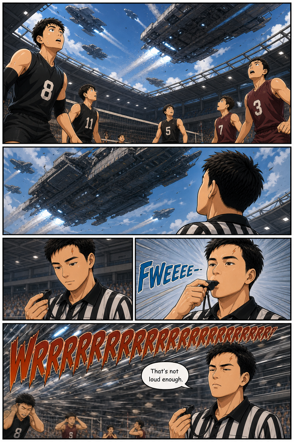 Tony tries to blow the whistle, but the roar of spacecraft makes it useless.