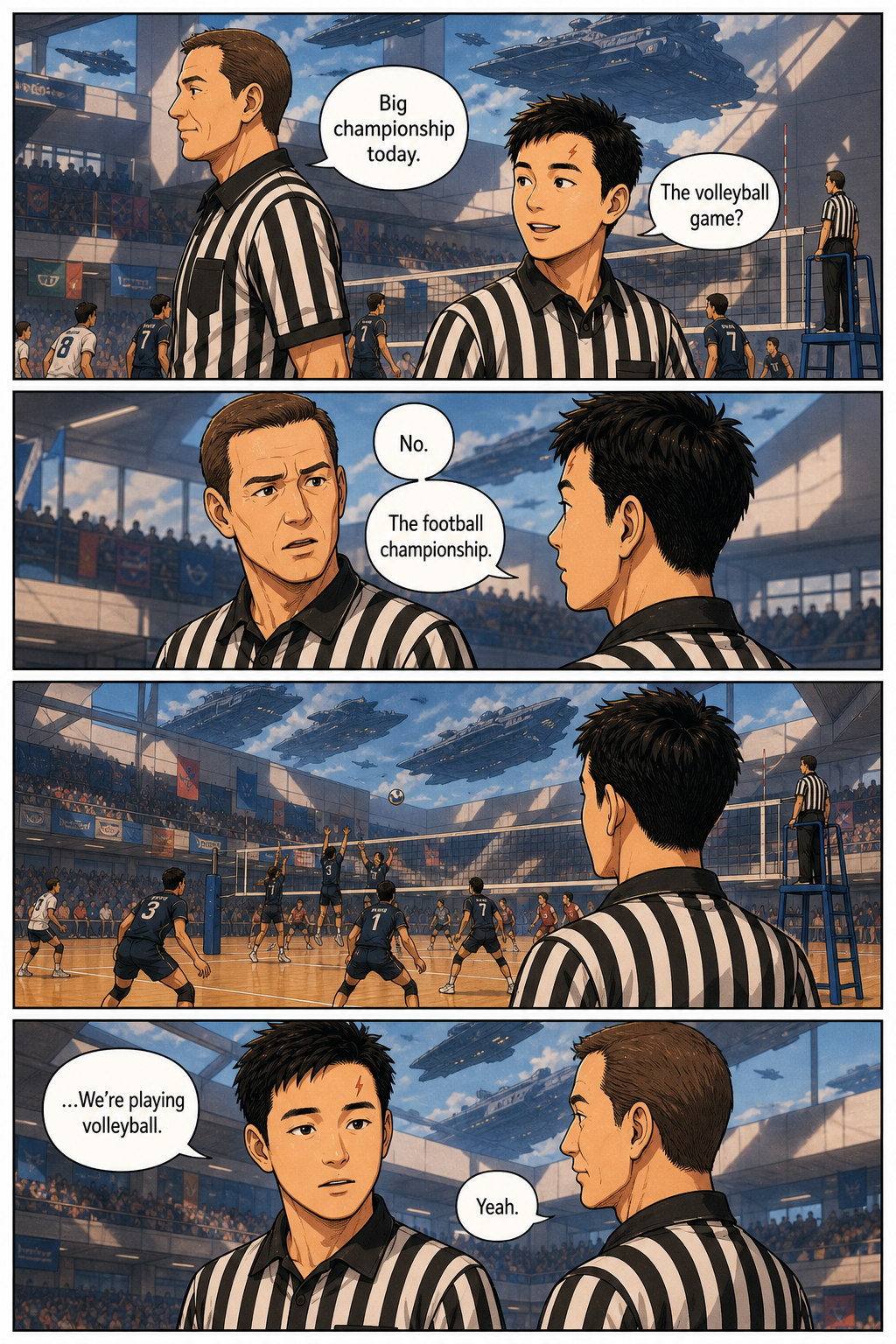 An official casually explains that the volleyball match is also a football championship.