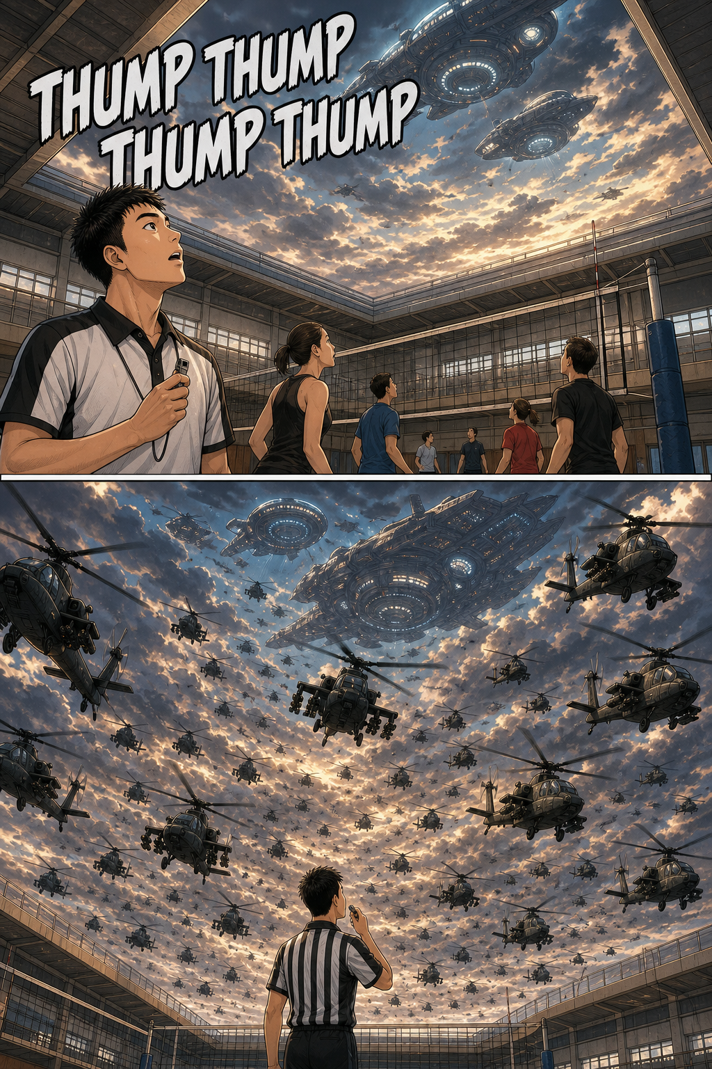 A swarm of generic helicopters floods the sky beneath the futuristic spacecraft.