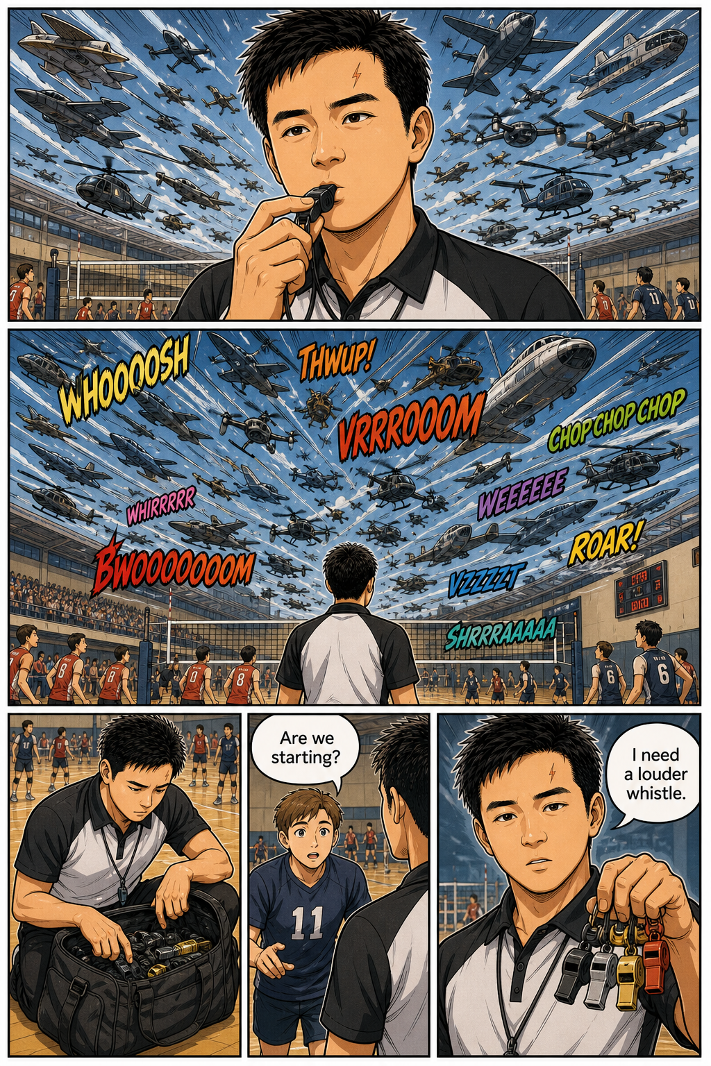 Tony keeps searching for a louder whistle while aircraft noise overwhelms the volleyball gym.