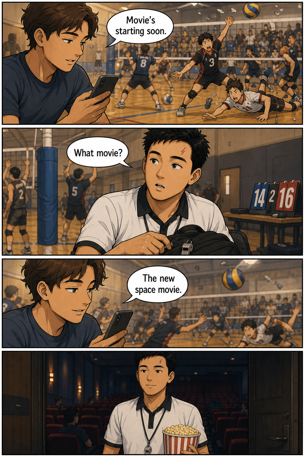 A friend casually says the movie is starting, and Tony suddenly appears at a theatre with popcorn.