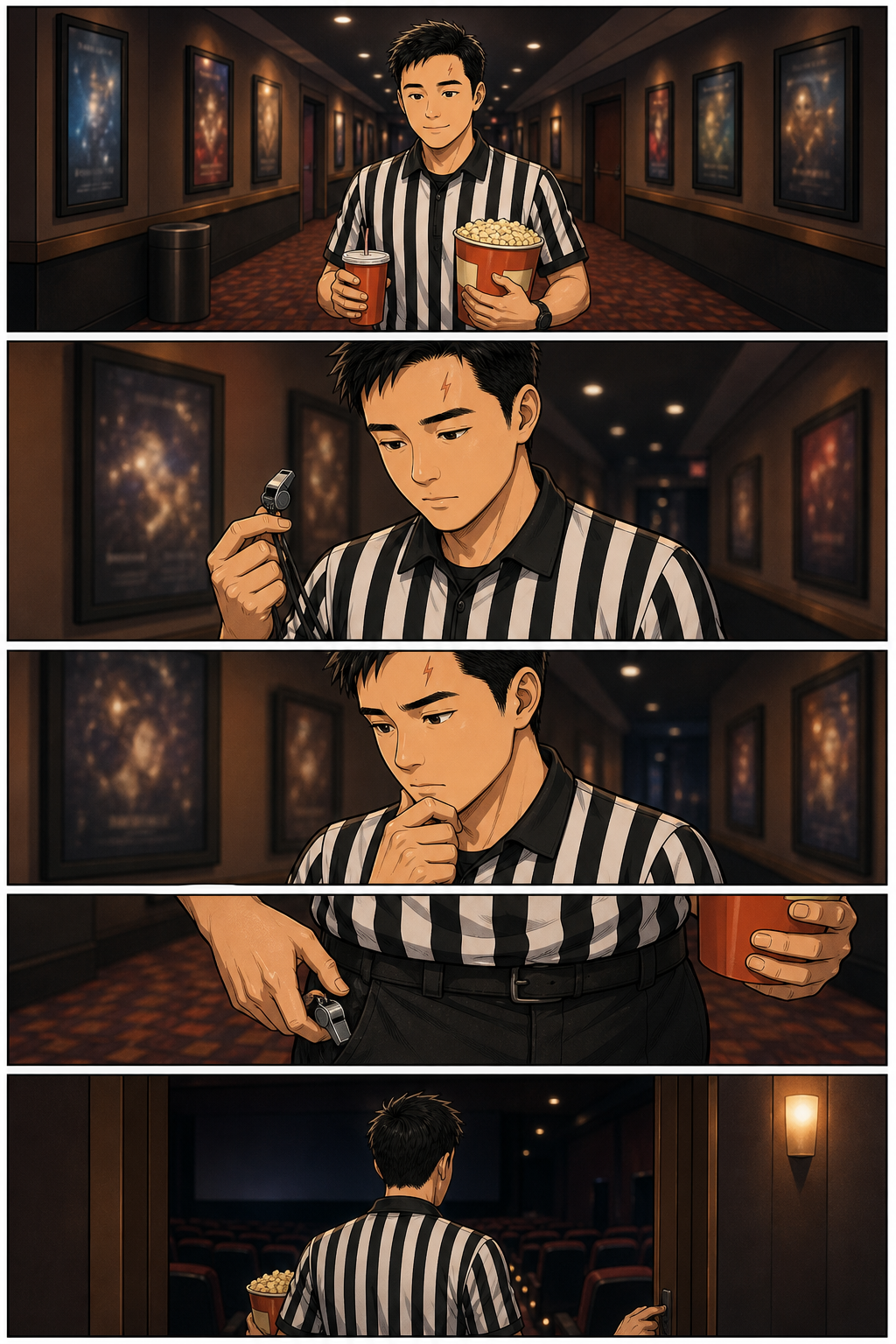 Tony walks through a movie theatre hallway and pockets the referee whistle before entering the auditorium.