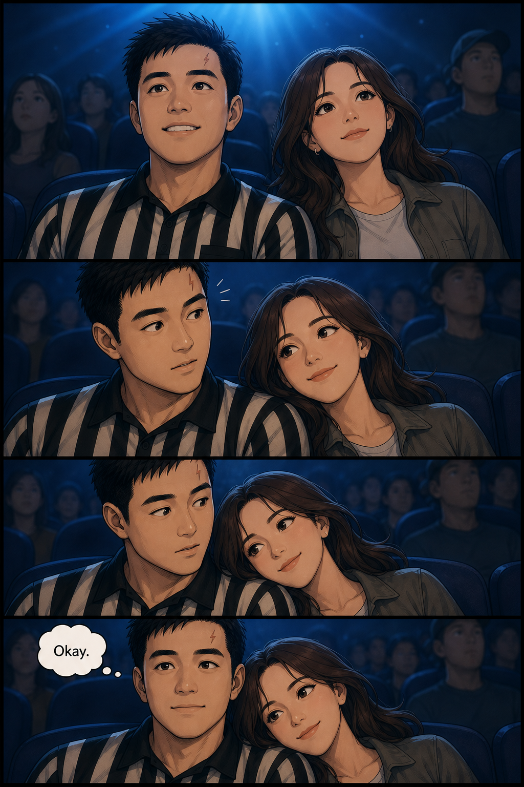 The movie begins, and Tony notices when the woman rests against his shoulder.