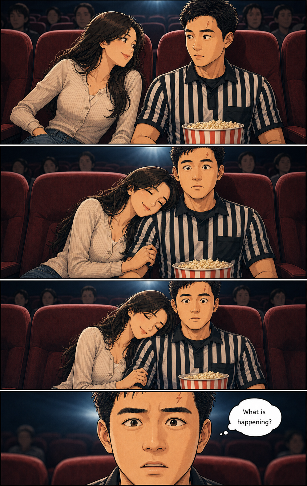 The woman leans closer while Tony sits rigidly and wonders what is happening.