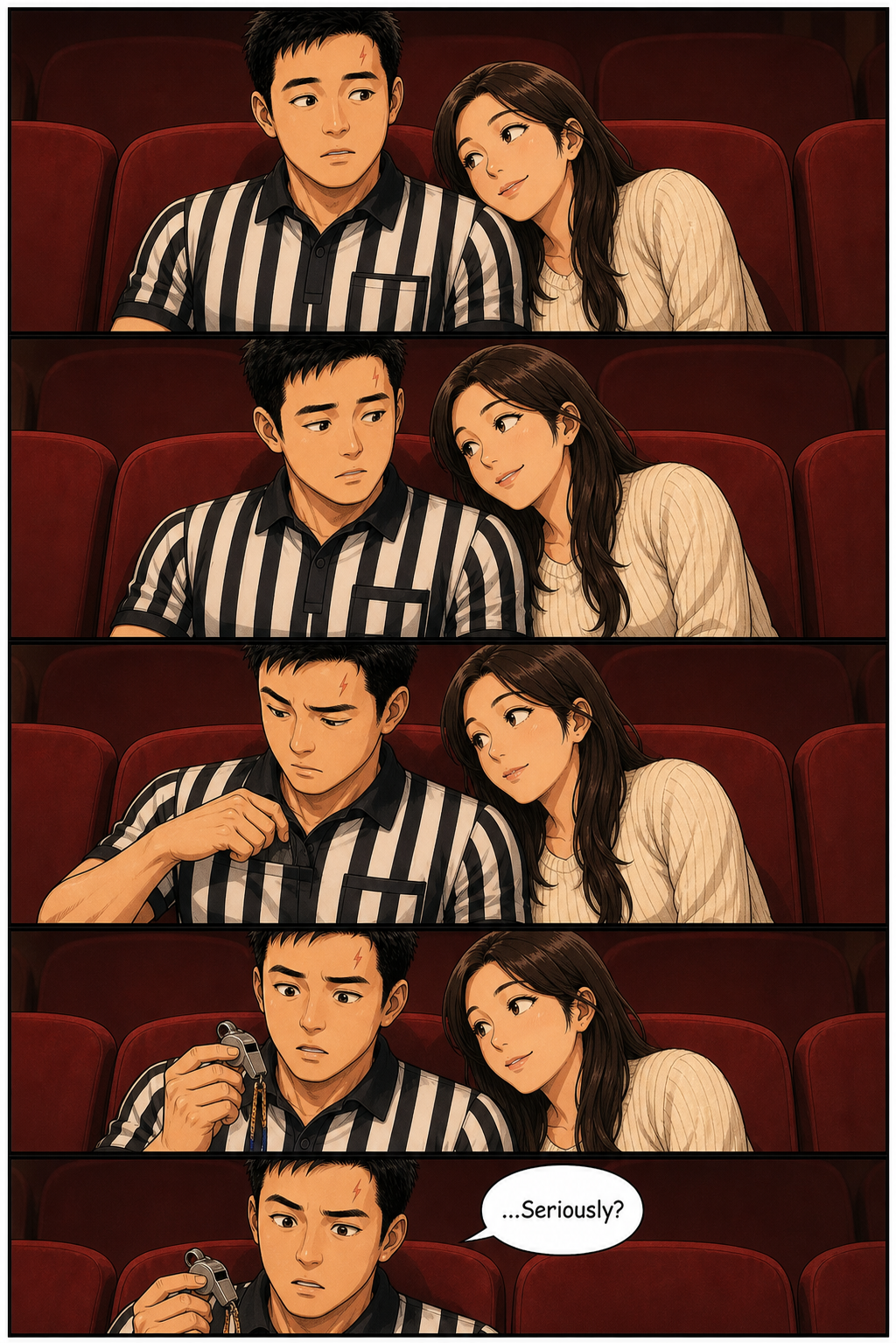 Tony awkwardly pulls the referee whistle from his pocket during the movie theatre scene.