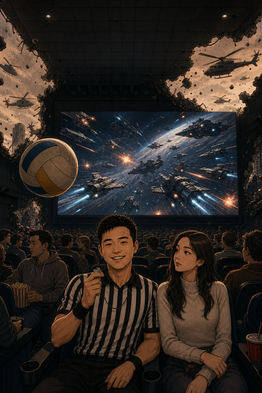 The dream merges the movie theatre, futuristic aircraft, helicopters, a volleyball, and Tony's whistle into one surreal scene.