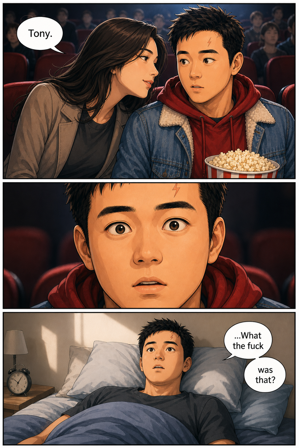Tony wakes up in bed after the strange dream and asks what just happened.