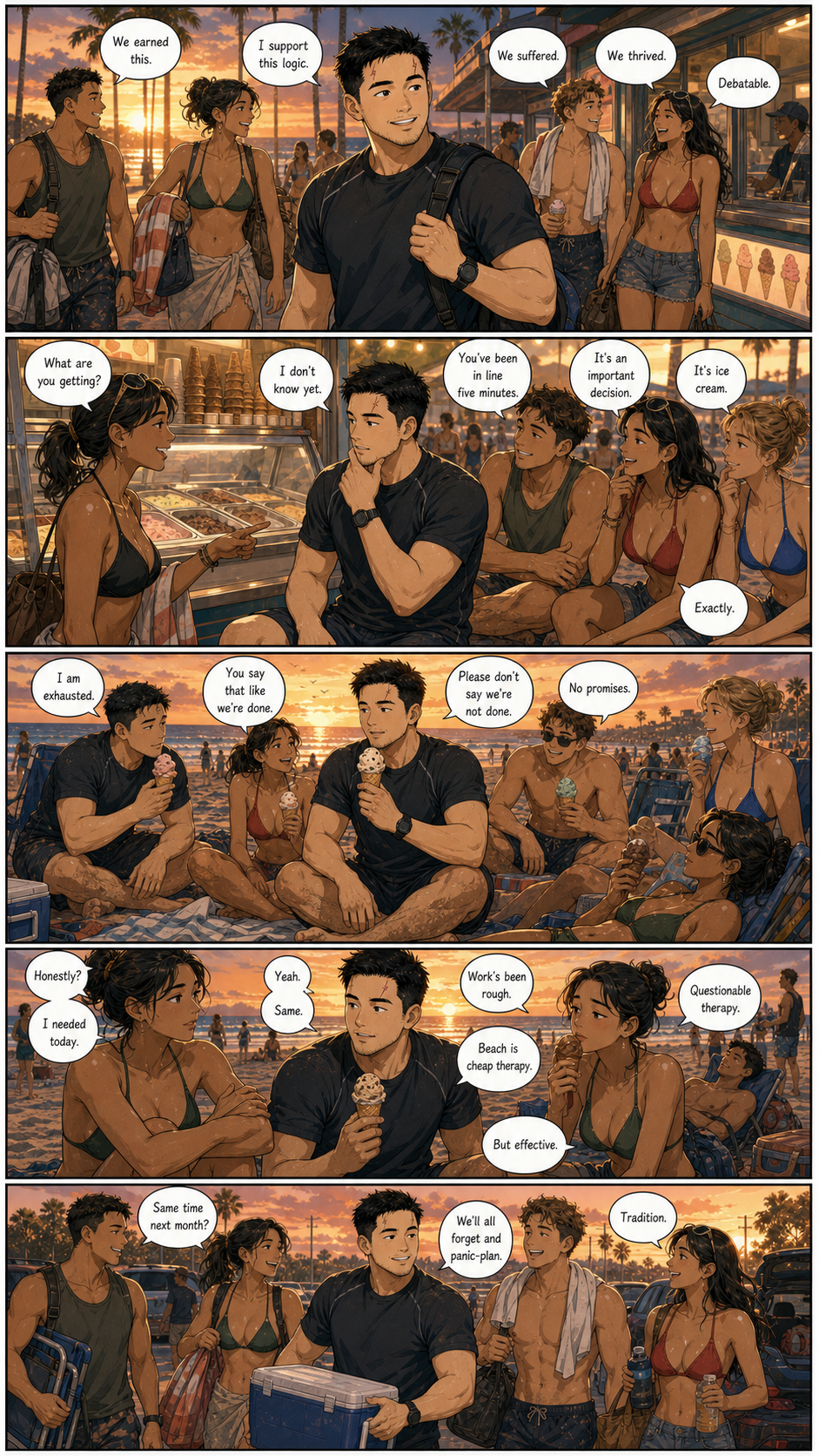 Melted: A layered sunset version of tired rugby friends, ice cream, and post-beach afterglow.