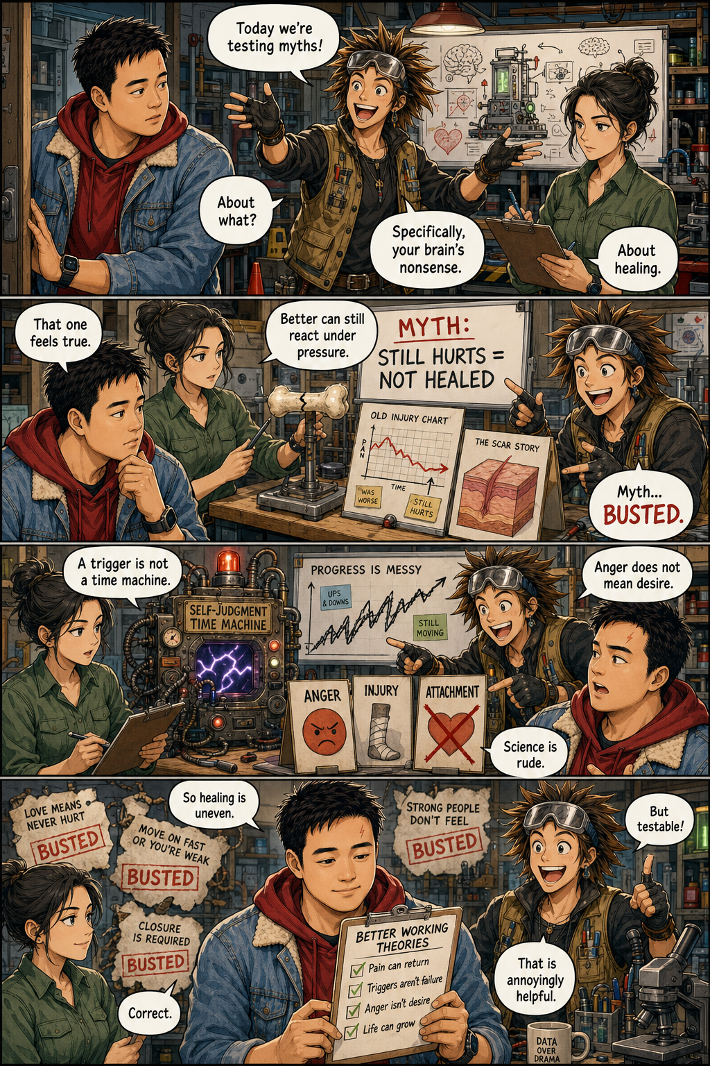 Myth Busted: A layered version of Tony and two original myth-testing experimenters replacing punishing assumptions with better evidence.