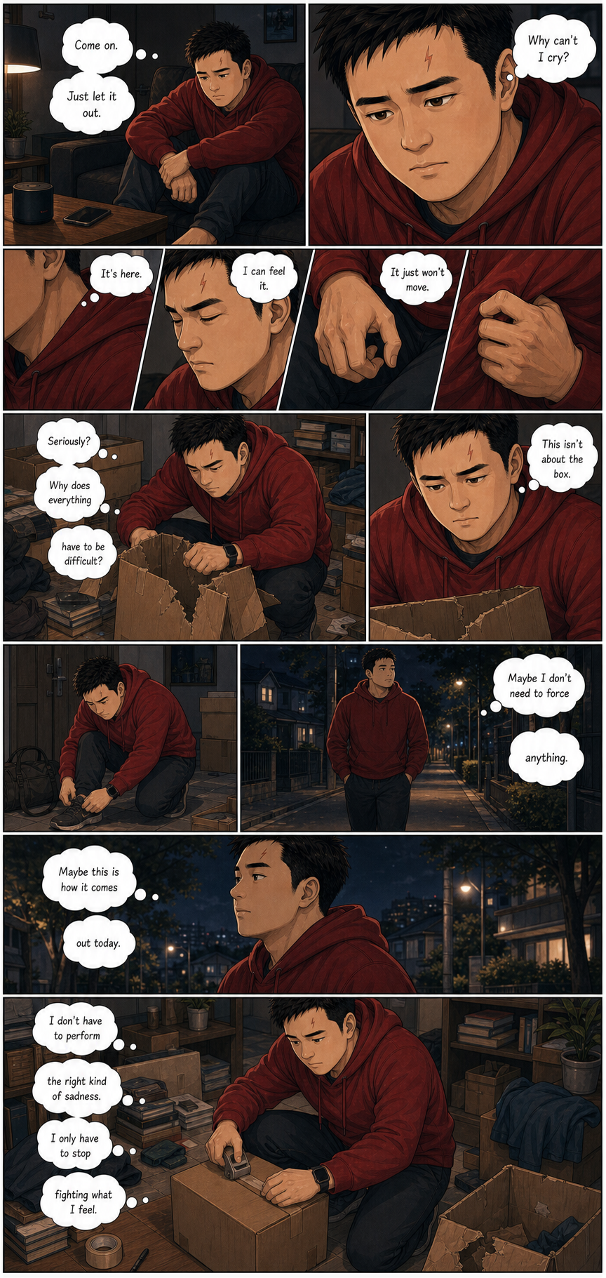 No Tears: Tony tries to force grief into tears, then recognizes that sadness can move through the body in quieter ways.