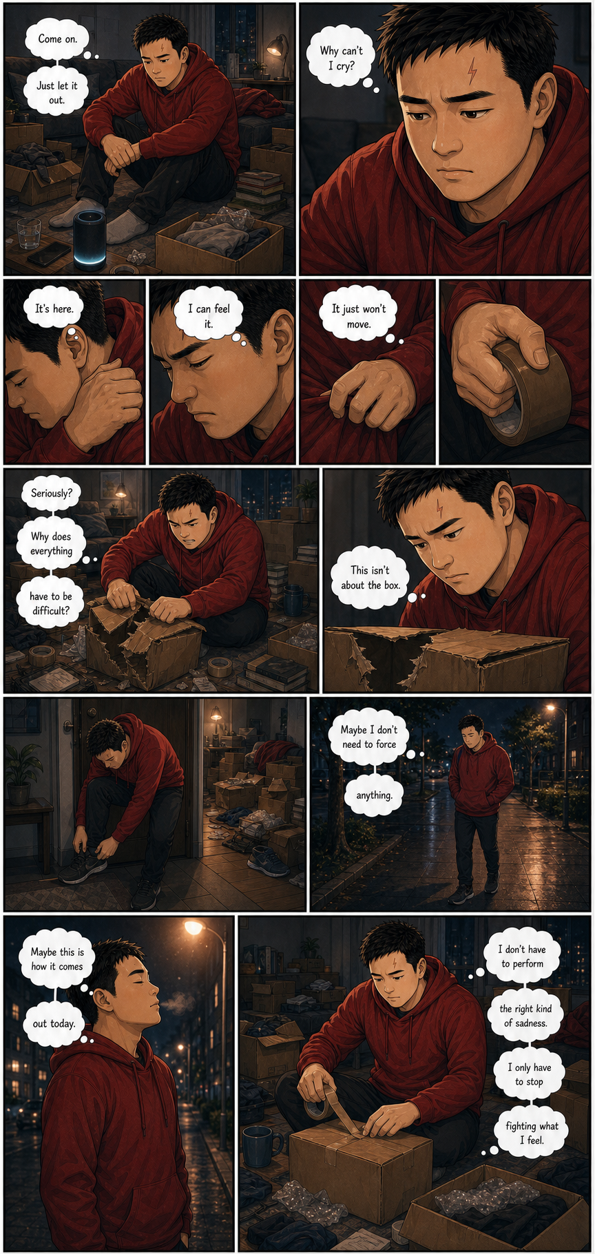 No Tears: A layered version of Tony learning that he does not have to perform the right kind of sadness.